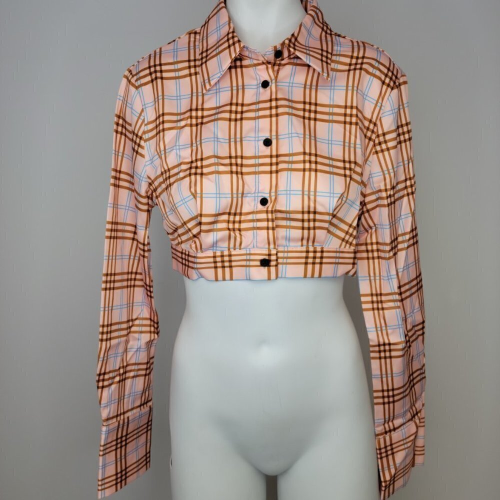 SHEIN Plaid Print  Button Crop Top